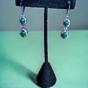 Green Malachite Double Drop Earrings with Silver Tone Setting